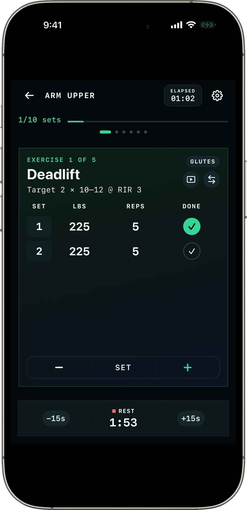 Fortiv strength workout — set logging with progressive overload